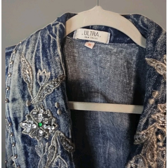 Vintage Bling Blue Acid Wash Oversized Denim Jacket 80s Appliques & Studded M - Picture 3 of 4